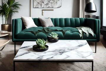 A sleek, white marble coffee table adorned with a singular, vibrant green succulent in a matte black