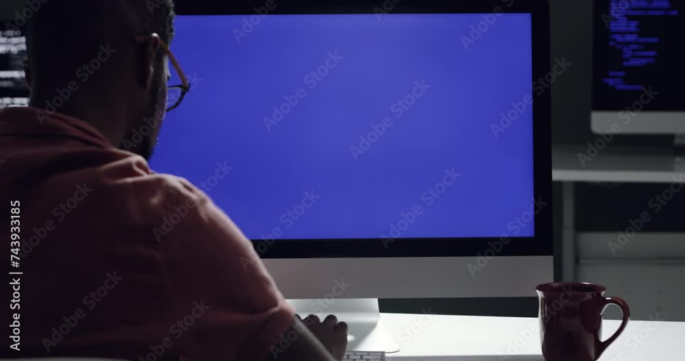 Leinwandbilder Software development, computer screen or person coding machine learning AI, cloud computing system or algorithm. Night developer, mockup space or back of coder typing code, HTML or programming server