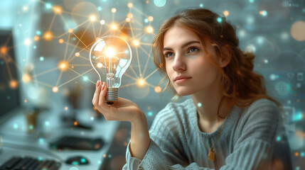 Naklejka premium Woman holds illuminated light bulb at desk, creative idea at work