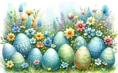 Fototapeta na wymiar Beautiful Easter eggs hidden amongst lush spring blooms.