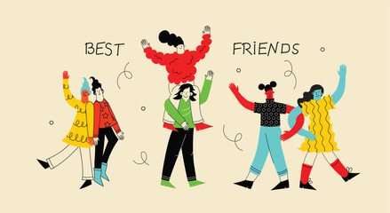Group of smiling woman enjoying friendship, support and cooperation isolated. Funny people demonstrate gesture of unity. Happy diverse female friends together vector flat illustration.
