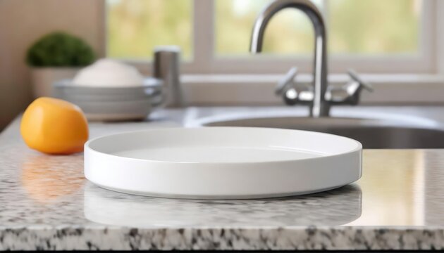 White round tray for products display on kitchen sink background