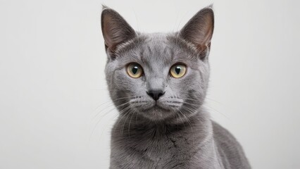 Portrait of Russian blue cat on grey background