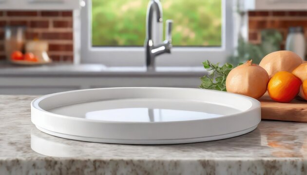 White round tray for products display on kitchen sink background