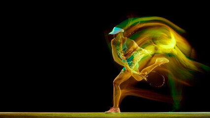 Dynamic photo of young woman, tennis player playing in motion with colorful motion blur against...