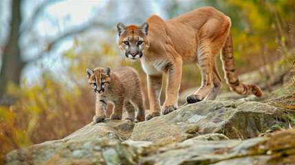 Mountain lion walking with her cub