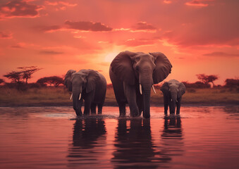 Fototapeta na wymiar A family of African elephants walks by the lake In the savannah, at sunset. World Elephant Day. Front view.