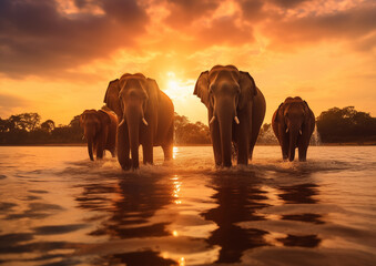 A group of African elephants walks along the lake In the savannah, at sunset. World Elephant Day. Front view.