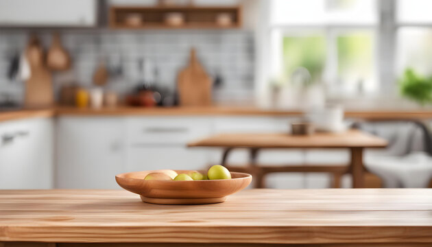Wooden table with boul on blurred kitchen bench background. Empty wooden table and blurred kitchen background