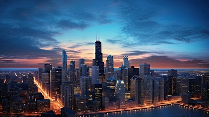 Chicago Skyline Aerial View at Dusk: Panoramic Nightscape of Downtown Illinois with Vibrant Colours