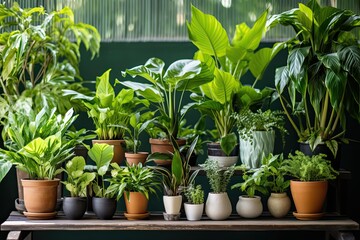 Green Foliage for the Home: Front View of Potted Tropical Plants for Interior Gardening Concept