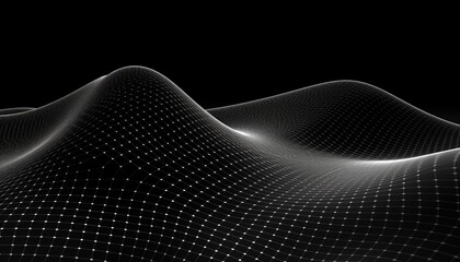 Perspective distorted black grid. Digital background with wireframe wave. Vector curve surface