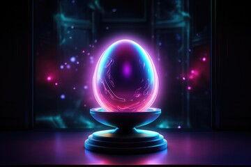 neon magical egg on podium dark background