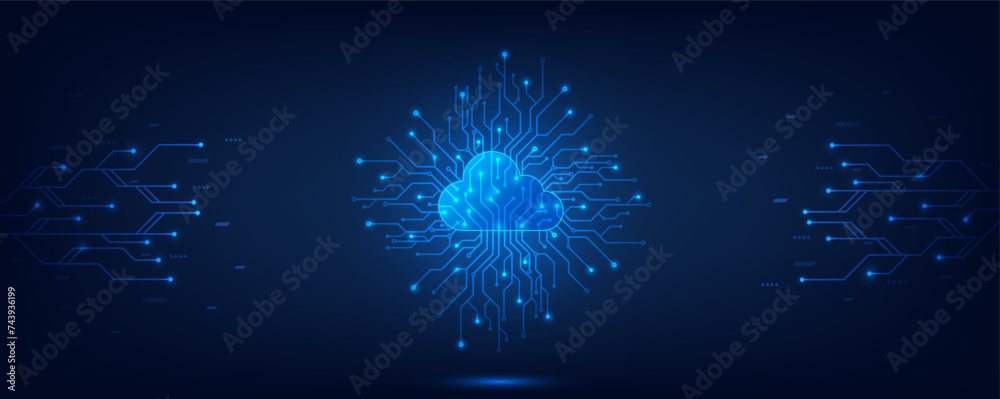 Poster Cloud Computing technology Internet and cyber technology concept. Abstract cloud connection technology on a blue color background. Cloud Computing network with internet icons. Vector and Illustration.