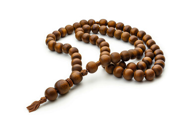 islamic brown prayer beads isolated on white background. ramadan kareem holiday celebration concept