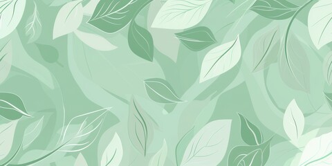 Whimsical leaves in shades of green dance over a swirling pastel mint background, creating a serene and refreshing atmosphere.