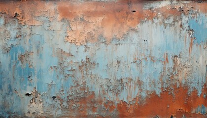 Old weathered painted grunge metal sheet surface with faded and cracked paint closeup as background