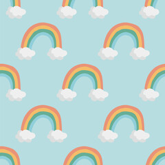 Rainbow with clouds vector pattern in doodle style.