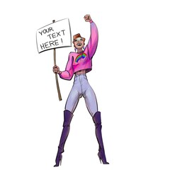 Young woman is holding up a protest sign at a rally , march or political demonstration. She is advocating for equal rights, gay rights, lgbtqia+ causes. 