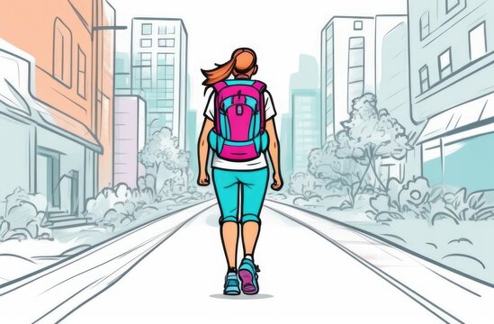 Girl with a backpack in the city, outdoor fitness, which includes active walking with a backpack that contains extra weight
