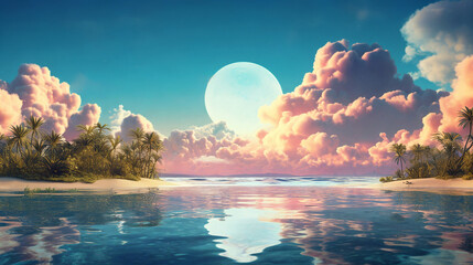 Fantasy planet , palm tree and moon on background. AI Generative - obrazy, fototapety, plakaty