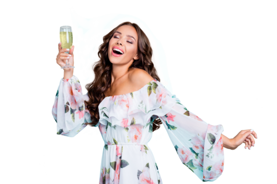 Dynamic image! Profile side view photo of charming, lovely, sweet, gorgeous, adorable, good-looking lady hold glass of alcohol dance half turn isolated on vivid turquoise background