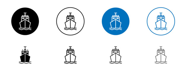 Ship Line Icon Set. Voyage Across Seas Symbol in Black and Blue Color.