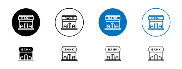 Bank Building Line Icon Set. Foundations of Trust Symbol in Black and Blue Color.