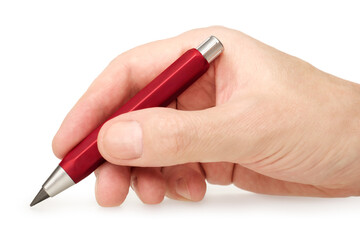 Hand holding red plastic mechanical pencil