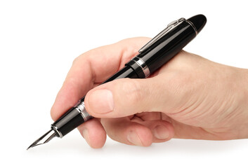 Hand holding classic black fountain pen
