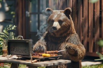 Happy Bear barbecuing in the yard