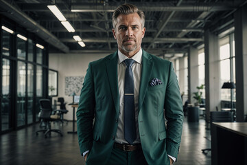 Fototapeta na wymiar A distinguished man in a sharp green suit stands confidently in a modern office setting.