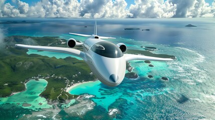 Airplane small, white flies joyfully over Bahamas' clear blue waters. Happy airplane over blue...