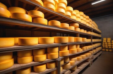 large cheese wheels in a dry room on a farm, cheese factory shelves with aged cheese, cheese wheels on wooden boards,