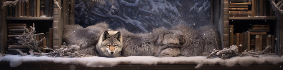 A wolf is sleeping on a snowy windowsill in front of a winter forest