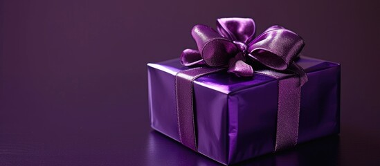 A shiny violet-colored gift box adorned with a purple bow, perfect for any occasion. The box exudes vibrancy and elegance, making it a stunning present option.