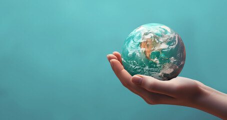 A woman's hand delicately cradles a golden globe resembling Earth against a pristine studio backdrop