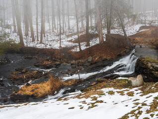 Photograph of a small waterfall in the forest on a foggy morning in the winter