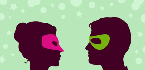 Man and woman wearing a masquerade masks