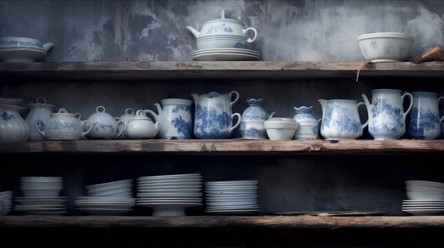 Blue and white porcelain dishes on wooden shelves against a dark background