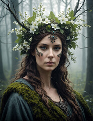 Saxon pagan goddess Eostre clothed in a spring blossom headdress stood in a misty forest