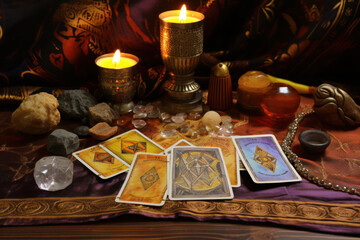 Fototapeta na wymiar Tarot cards and esoteric accessories.
