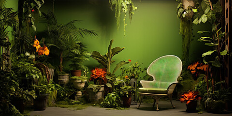 Surreal lush green jungle scene with a white wicker chair in the center. - obrazy, fototapety, plakaty