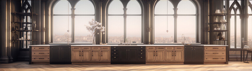 Luxury kitchen interior with gothic arched windows, dark wood cabinets and marble countertops
