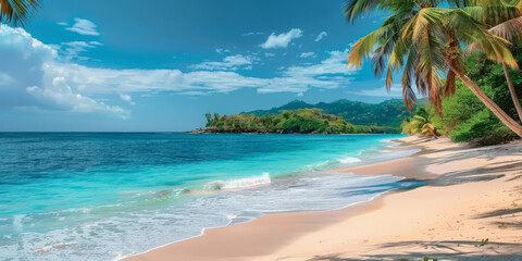 Naklejka premium tropical beach with palm trees and blue water,