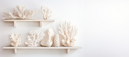 Collection of corals on shelves on a white wall. - obrazy, fototapety, plakaty