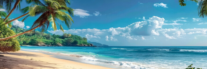 tropical beach with palm trees and blue water, - obrazy, fototapety, plakaty