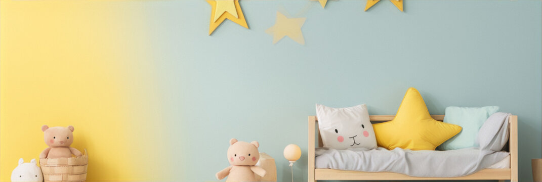 A cozy and playful nursery with a yellow and blue color scheme, featuring a plush bed with stuffed animals and star decorations. 
