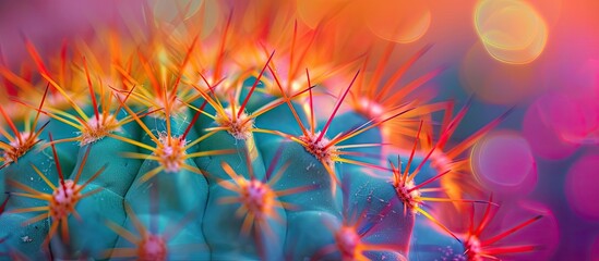 A visually striking photograph capturing the vibrant colors of a cactus closeup against a vibrant background.