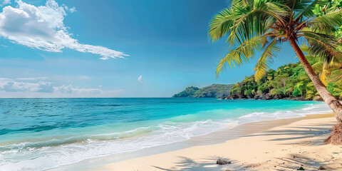 tropical beach with palm trees and blue water,